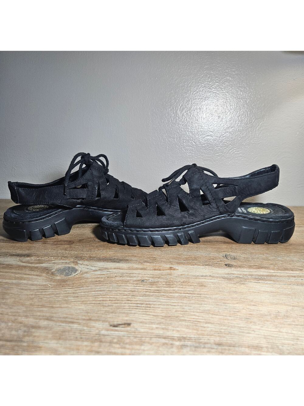 Earth Shoe Brice Black Leather Gladiator Sandals Size 10 Gorpcore Grunge Y2K